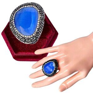 NEW ZSA ZSA Cocktail Ring Blue Cat's Eye Swarovski Adjustable Sterling Silver